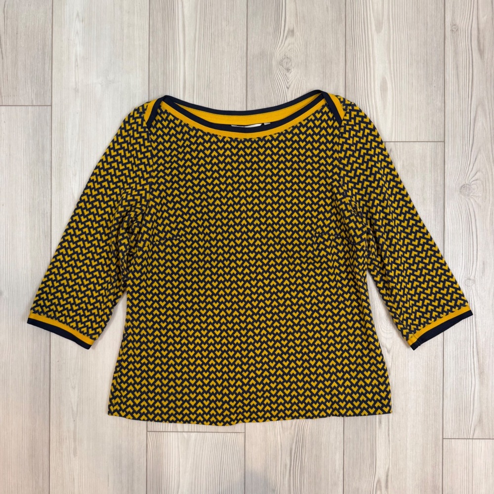 Boden Yellow Navy Blue Geometric Chevron Knit Boat Neck Top Size US 14 J0598